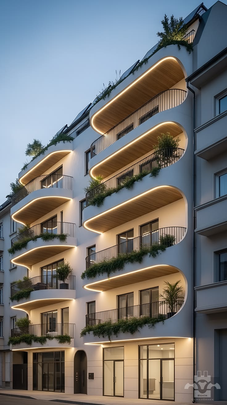 Wave balcony residence at dusk